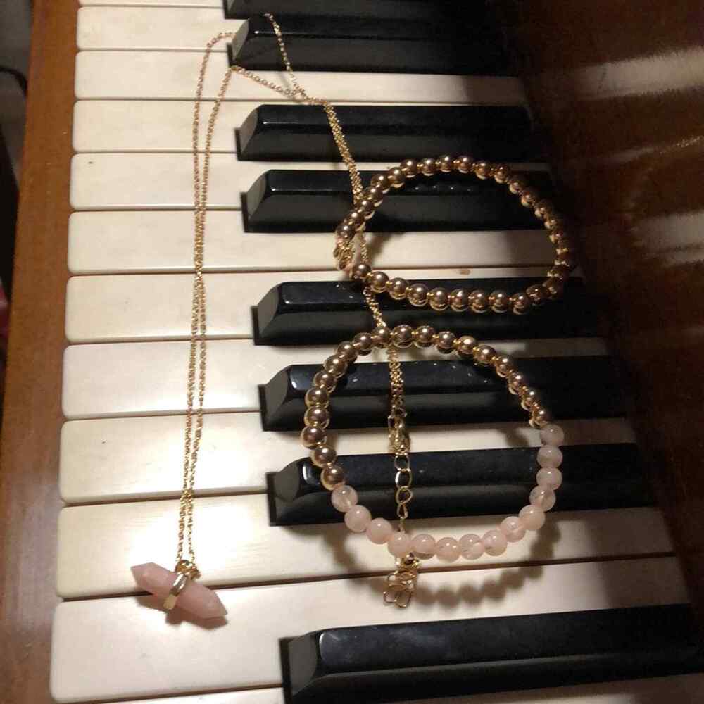 NWT! Gen3 Rose Quartz & Gold-tone Necklace & Bracelets Set!
